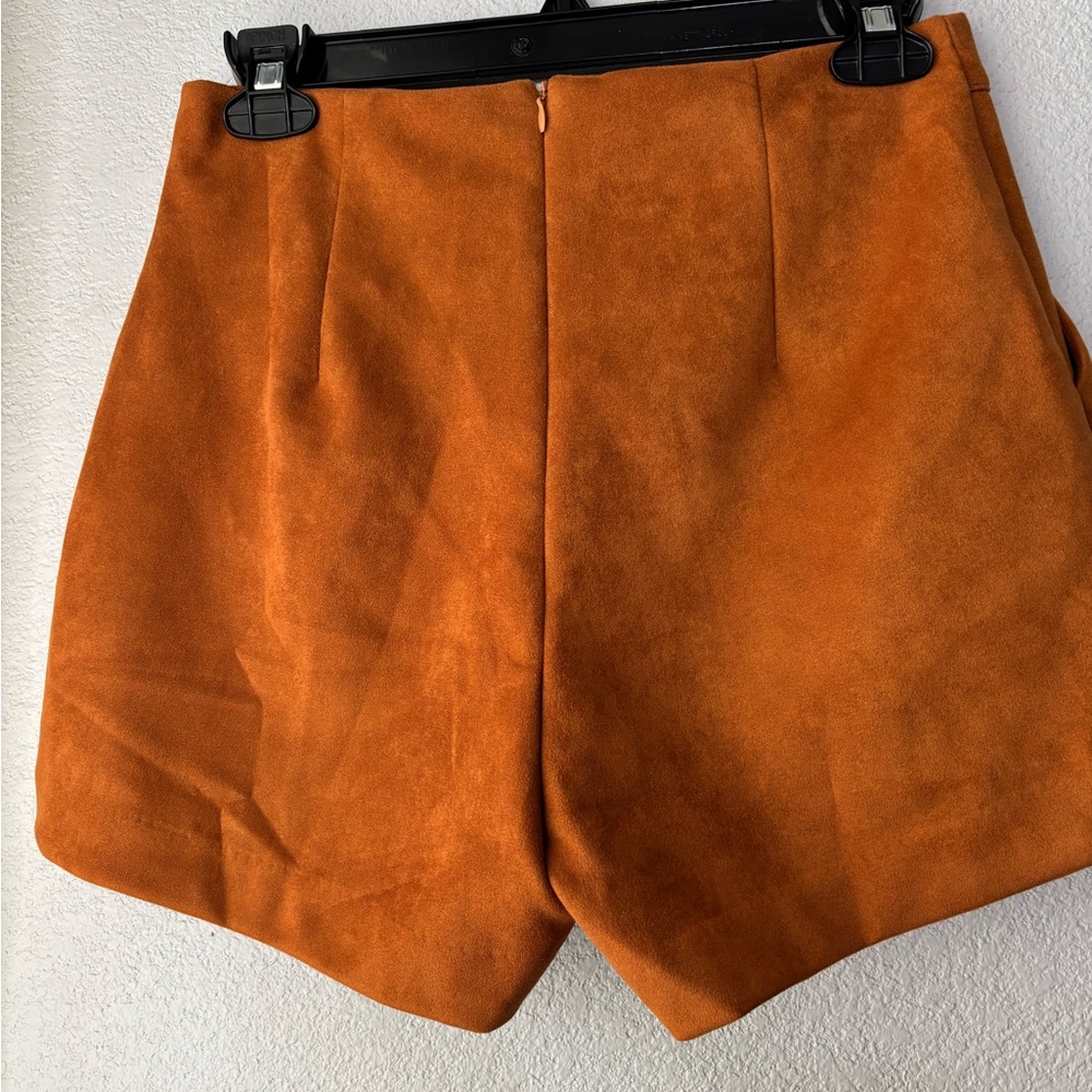 Burnt Orange High Waisted Suede Shorts Ft. Decorative Gold Buttons & Pockets - Picture 6 of 11